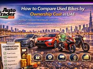 Used motorcycle parked near UAE city road, symbolising ownership cost comparison