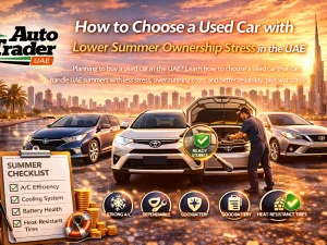 Used car parked under strong UAE summer sun with driver checking engine and AC