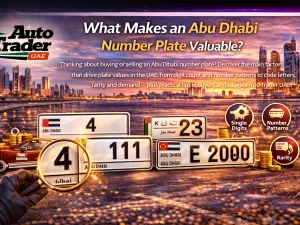 Abu Dhabi luxury car with distinctive number plate parked in the UAE