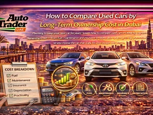 Used cars parked in Dubai being compared for long-term ownership cost