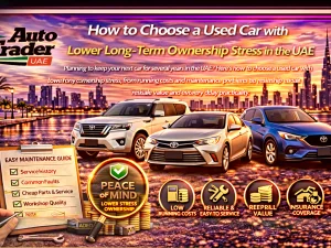 Used cars parked in a Dubai parking lot representing low-stress long-term ownership choices
