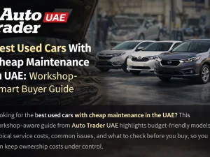 Used compact sedan in UAE with low maintenance costs parked in a desert city setting