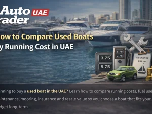 Used motorboat cruising in UAE waters at sunset