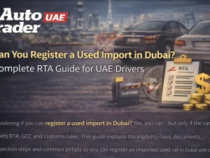 Imported used car at an RTA testing and registration centre in Dubai