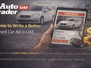 Used car seller taking photos of a car for an online advert in the UAE