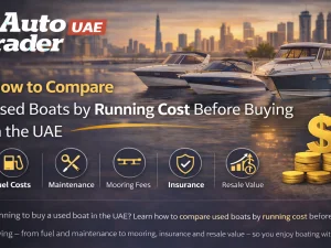 Used motorboat cruising in UAE waters at sunset
