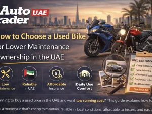 Used motorcycle parked outdoors in the UAE with rider inspecting it
