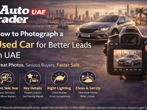 Used car expertly photographed outdoors in UAE with clear front three-quarter angle