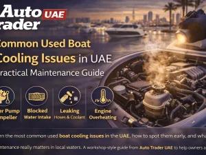 Used boat engine being inspected for cooling system issues in UAE marina