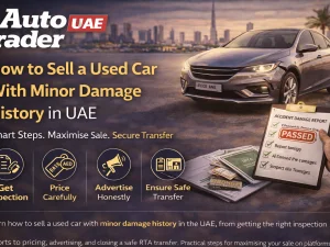 Seller preparing a used car with minor bumper damage for sale in the UAE
