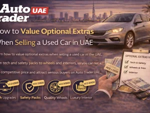 Used car with panoramic roof and leather interior parked in UAE, highlighting optional extras