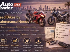Used motorcycles lined up for sale in the UAE, being inspected for maintenance condition