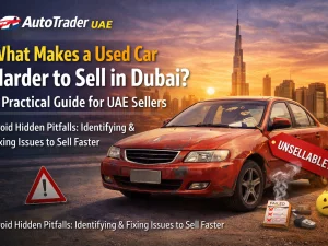 Used car parked in Dubai with city skyline in the background, illustrating resale challenges in the UAE market
