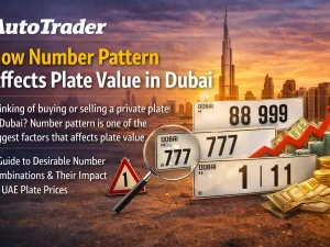 Premium Dubai car number plate with repeating digits parked in UAE street