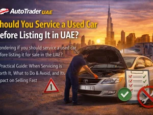 Seller preparing a used car for sale with a mechanic servicing it in the UAE