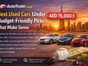 Budget-friendly used cars parked in a UAE city under AED 15,000