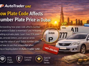Dubai car number plate showing plate code and digits on a luxury vehicle