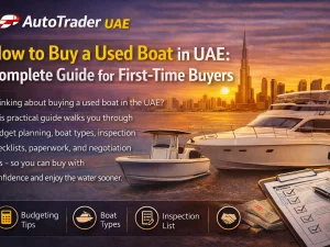 Used motorboat moored at a UAE marina with city skyline in the background