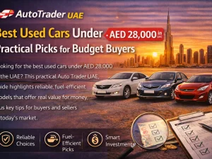 Line-up of popular budget used cars parked in a UAE city setting