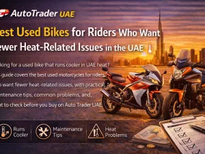 Used adventure-style motorcycle riding in hot UAE desert conditions