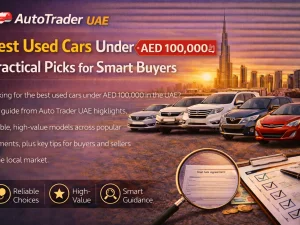 Best used cars under AED 100,000 in the UAE parked in a modern city setting