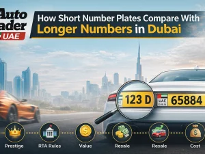 Short number plate on luxury car compared with standard long plate in Dubai