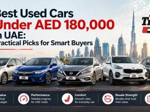 Best used cars under AED 180,000 parked in a UAE city setting
