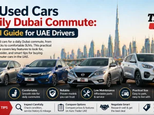 Used compact sedan driving on a Dubai highway during daily commute