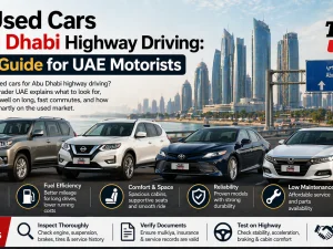 Used cars driving on an Abu Dhabi highway at sunset