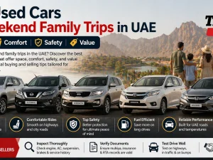 Family driving an SUV on a weekend road trip in the UAE desert