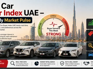 Used car buyers comparing SUVs and sedans at a dealership in the UAE