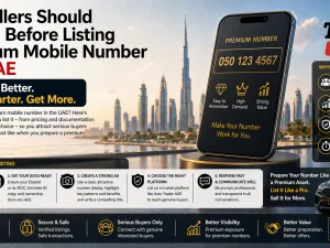 Premium mobile number listing on a smartphone screen next to car keys in the UAE