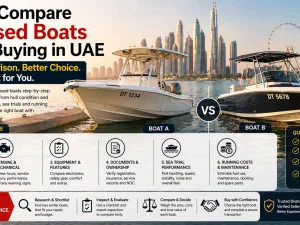 Two used boats side by side in a UAE marina being inspected before purchase
