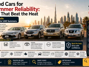 Used cars parked under the sun in the UAE, highlighting models known for summer reliability