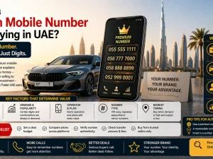 Premium mobile number concept alongside car keys on a desk in the UAE