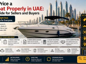 Used motorboat moored in a UAE marina with clear water and city skyline in the background