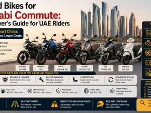 Used commuter motorcycle parked in Abu Dhabi city street at sunset
