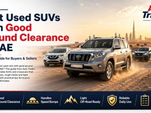 Used SUV with good ground clearance driving on a desert road in the UAE