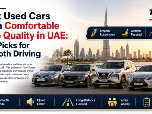 Used mid-size sedan driving smoothly on a UAE highway at sunset
