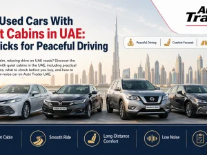 Used luxury sedan with quiet cabin driving on a highway in the UAE