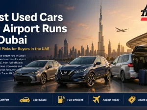 Used airport transfer cars lined up outside Dubai airport terminal