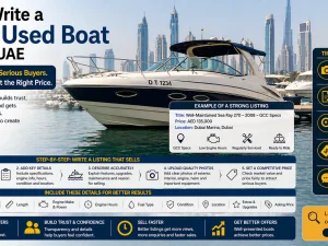 Used motorboat moored in a UAE marina at sunset with clear water and city skyline