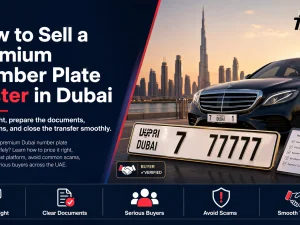 Premium Dubai number plate displayed on a luxury car, representing fast sale in UAE