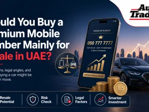 Premium mobile number concept with smartphone and UAE skyline in the background