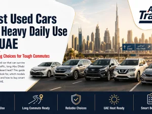 Used cars suitable for heavy daily use parked on a road in the UAE
