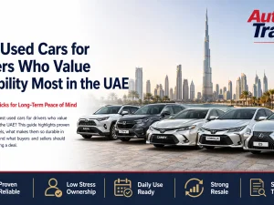 Lineup of reliable used cars parked in a UAE urban setting at sunset