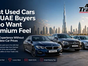 Lineup of premium used sedans and SUVs parked in a modern UAE setting