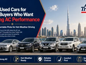 Used cars in the UAE with strong AC performance parked in a sunny urban setting