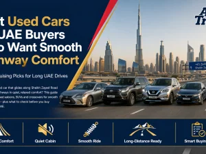 Used luxury sedan cruising comfortably on a UAE highway