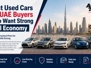 Lineup of fuel-efficient used cars parked in a UAE urban setting